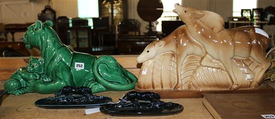Art Deco ceramic deer, model of lion & cubs & 2 ashtrays